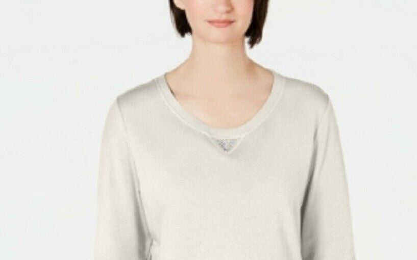 Karen Scott Women's Sport Cotton Studded 3/4 Sleeve Sweatshirt White Size X-Large