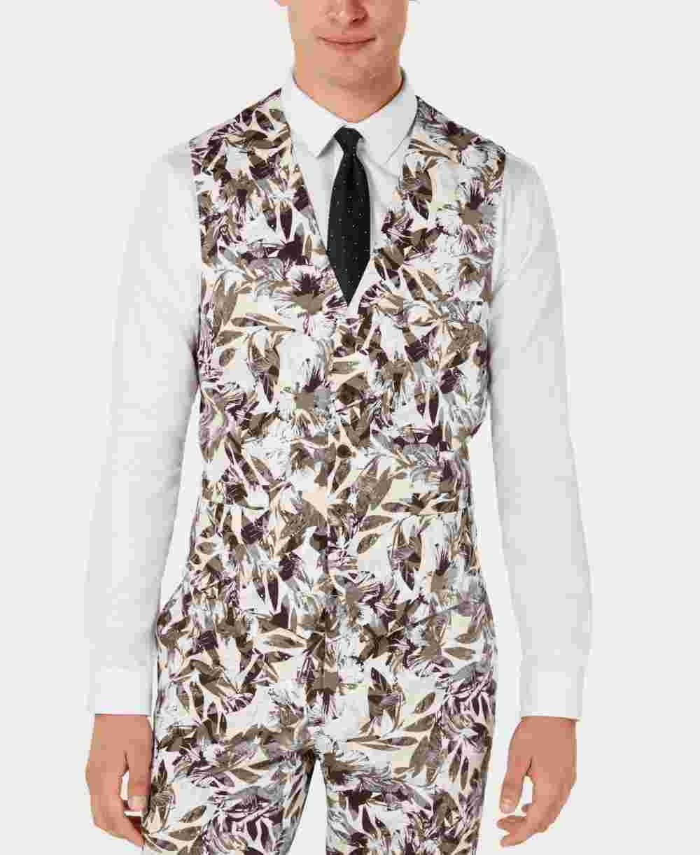 INC International Concepts Men's Slim Fit Botanical Suit Vest Beige Size XXX-Large