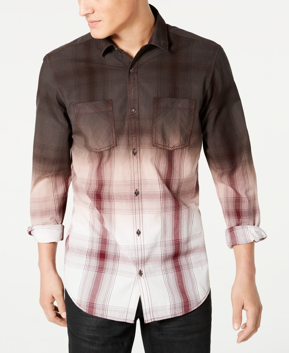 INC International Concepts Men's Regular-Fit Dip-Dyed Plaid Shirt Dark Brown Size Extra Small