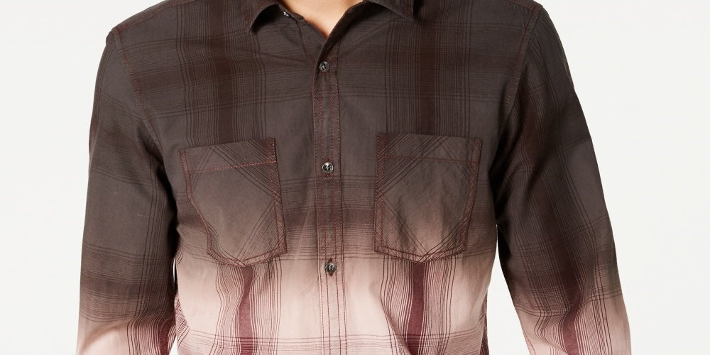 INC International Concepts Men's Regular-Fit Dip-Dyed Plaid Shirt Dark Brown Size Extra Small