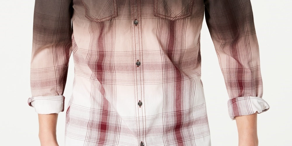 INC International Concepts Men's Regular-Fit Dip-Dyed Plaid Shirt Dark Brown Size Extra Small