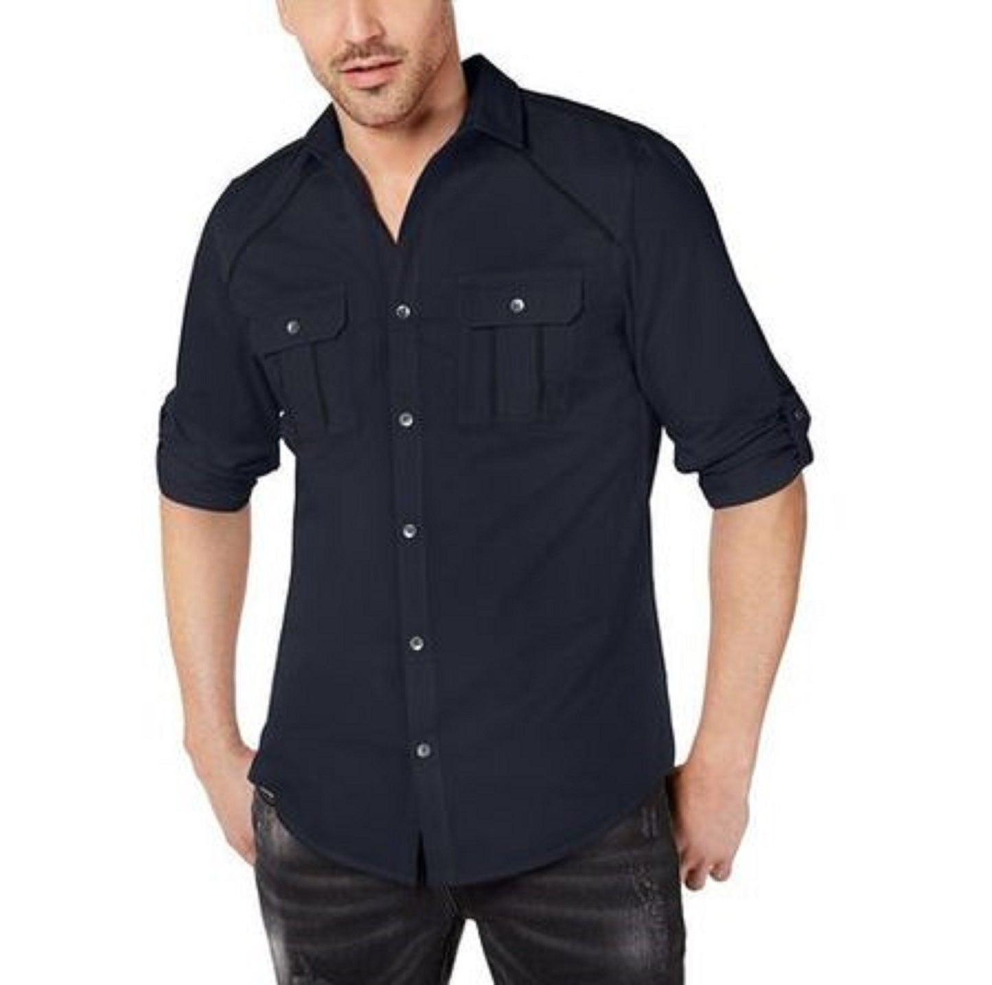 INC International Concepts Men's Piped Grid-Pattern Shirt Dark Blue Size Extra Small