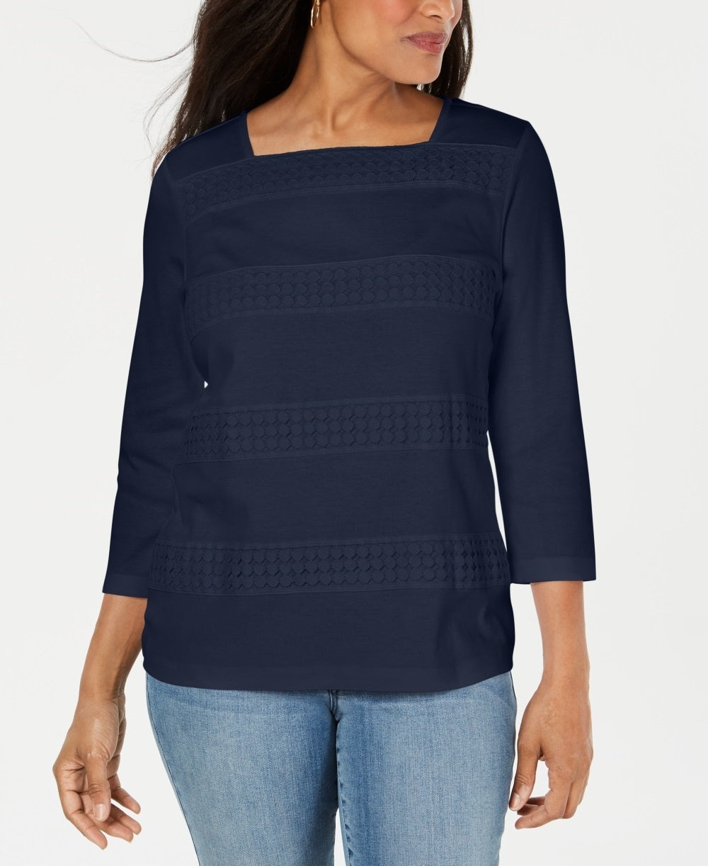 Karen Scott Women's Lace Square Neck 3/4 Sleeve Top Navy Size Petite Small