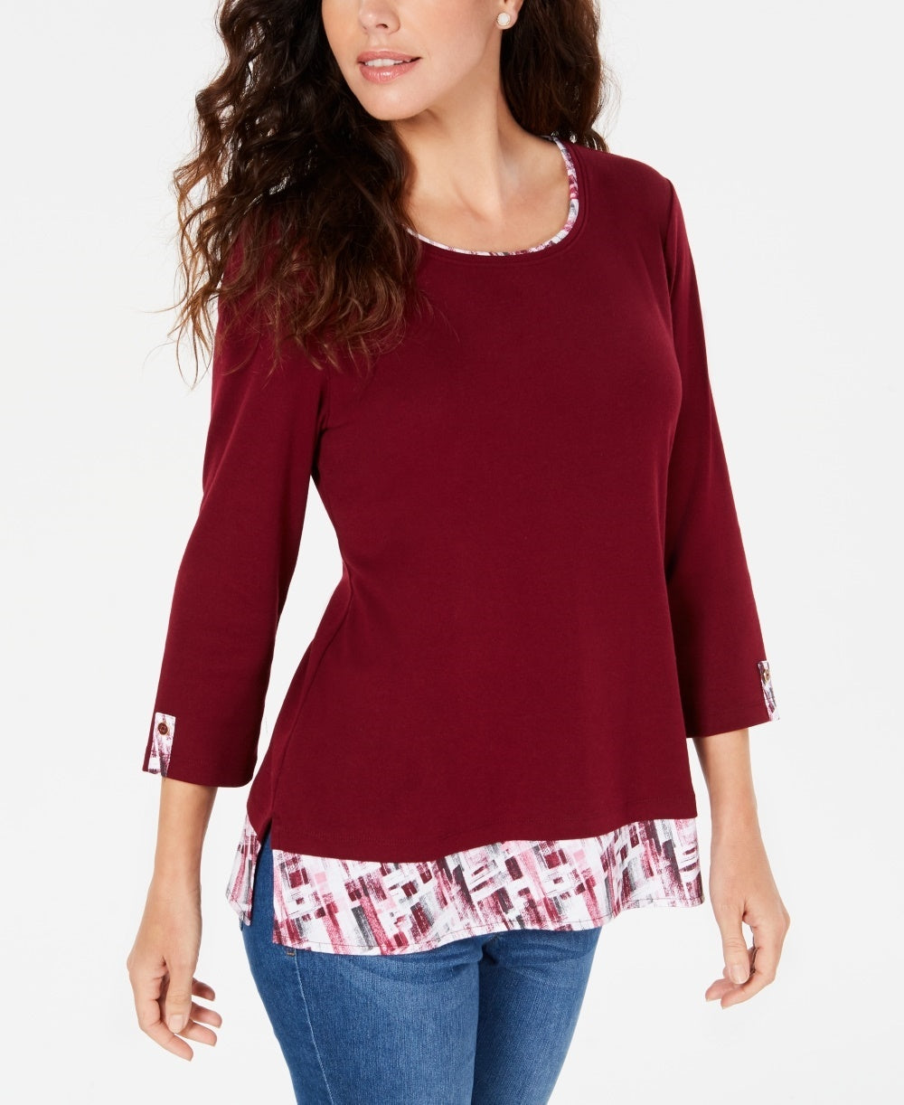 Karen Scott Women's Layered-Look Solid & Plaid Top  Red Size XX-Large
