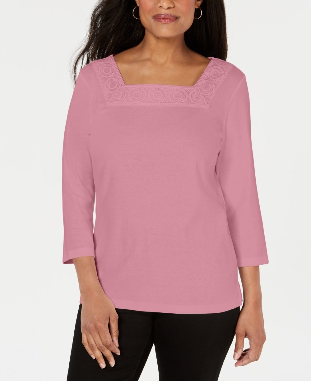 Karen Scott Women's Crochet Square Neck Top Pink Size XX-Large