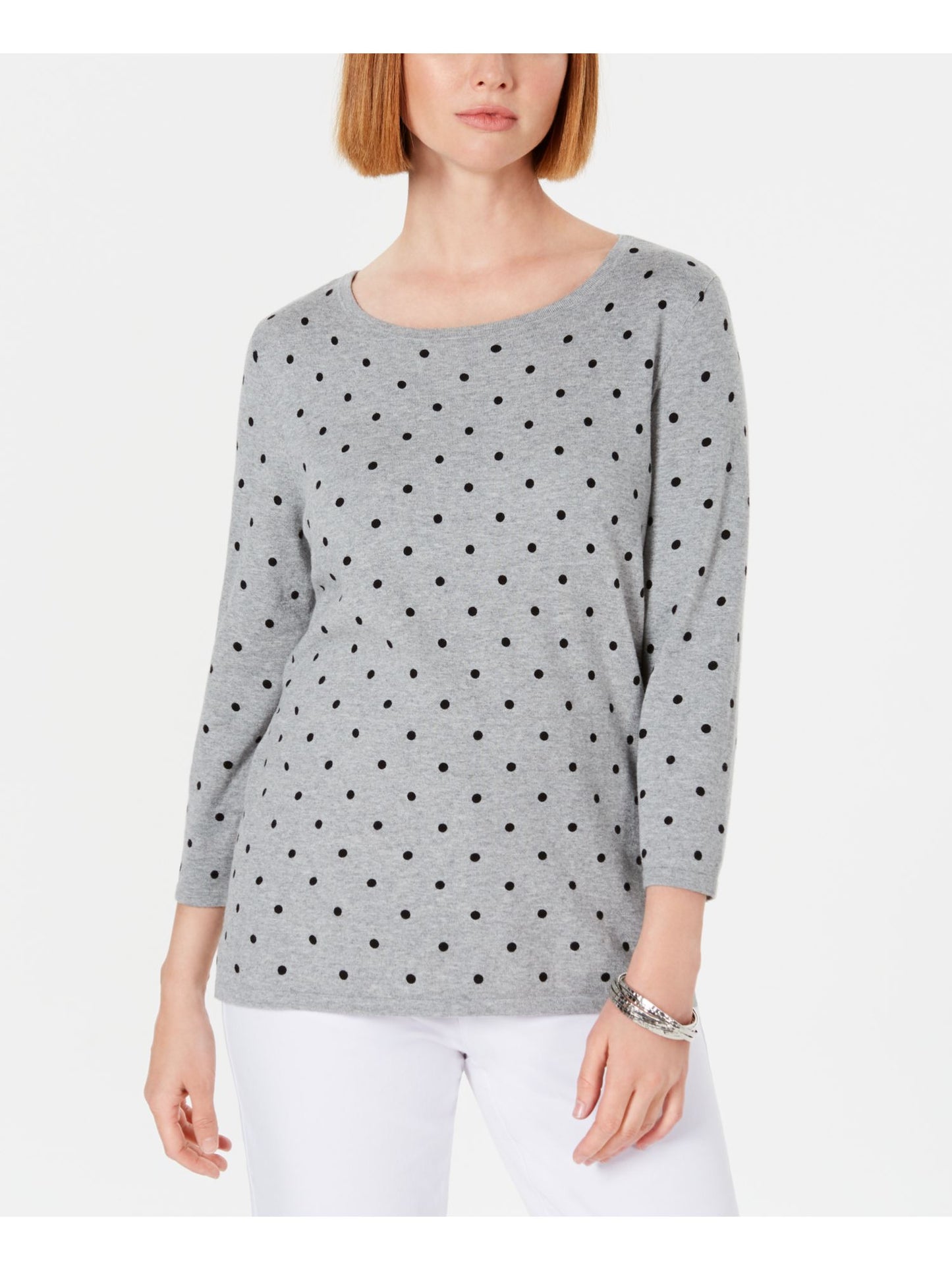 Karen Scott Women's Printed 3/4 Sleeve Sweater Grey Size Petite Medium