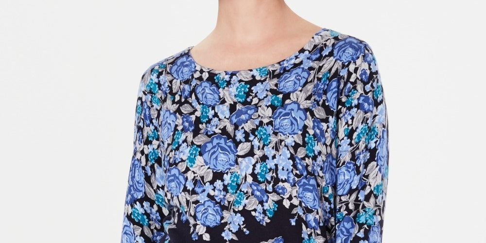 Karen Scott Women's Printed 3/4 Sleeve Sweater Navy Size Petite Small