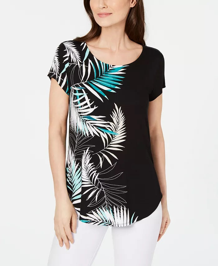 Alfani Women's Petite Printed Round-Hem T-Shirt Black Size Petite