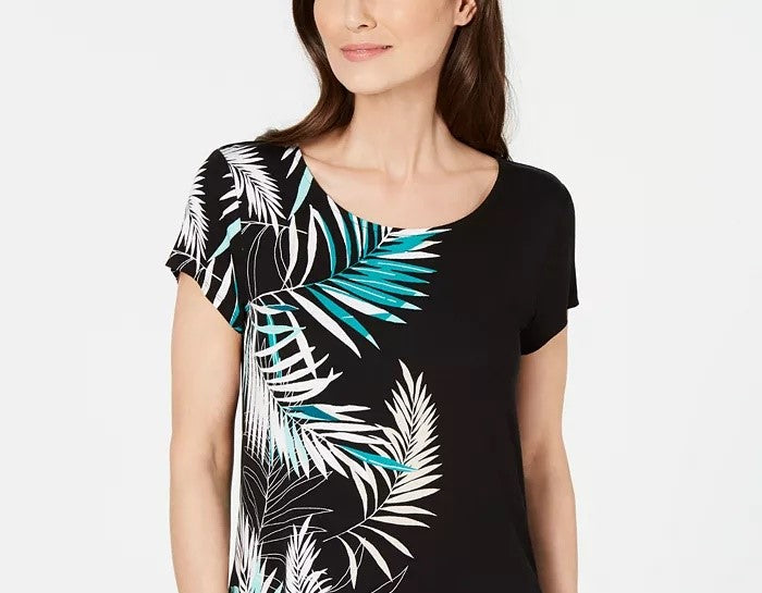 Alfani Women's Petite Printed Round-Hem T-Shirt Black Size Petite