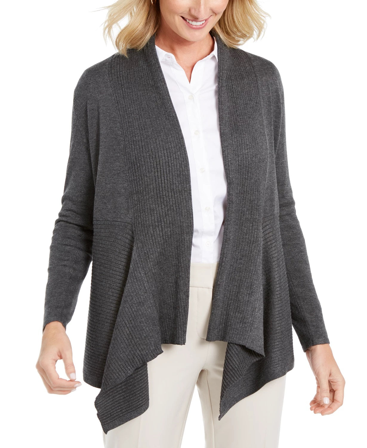 JM Collection Women's Ribbed Handkerchief-Hem Cardigan Black Size XX-Large