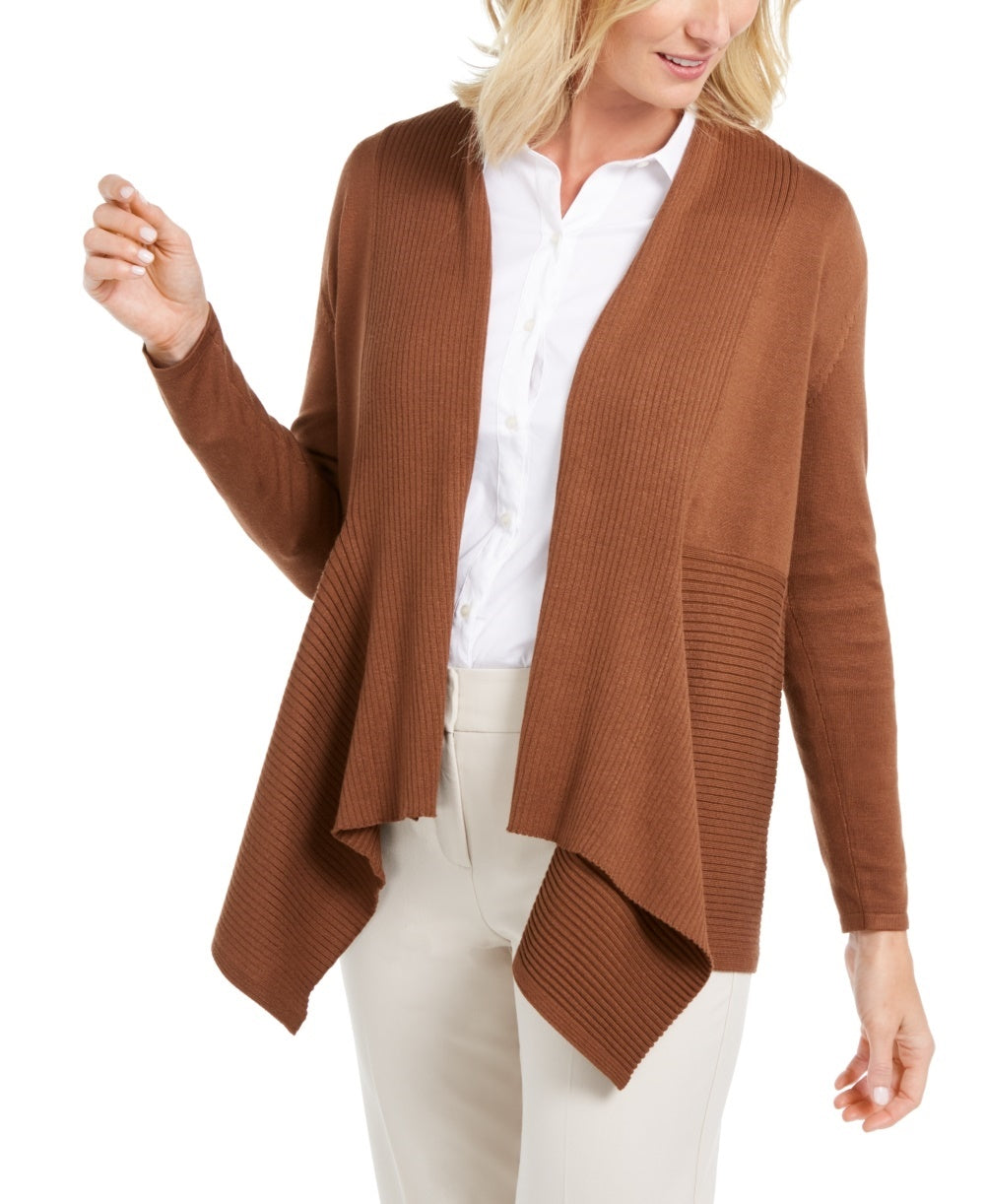 JM Collection Women's Ribbed Handkerchief Hem Cardigan Brown Size Large
