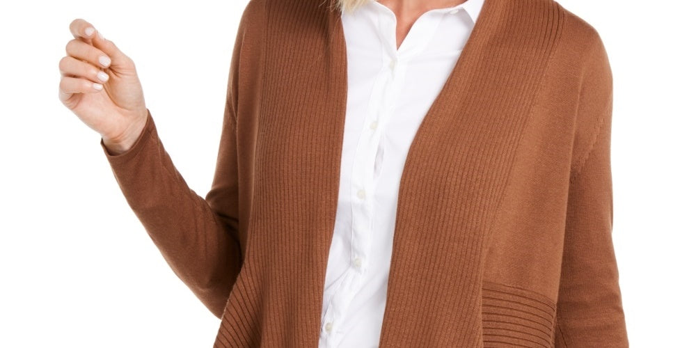 JM Collection Women's Ribbed Handkerchief Hem Cardigan Brown Size Large