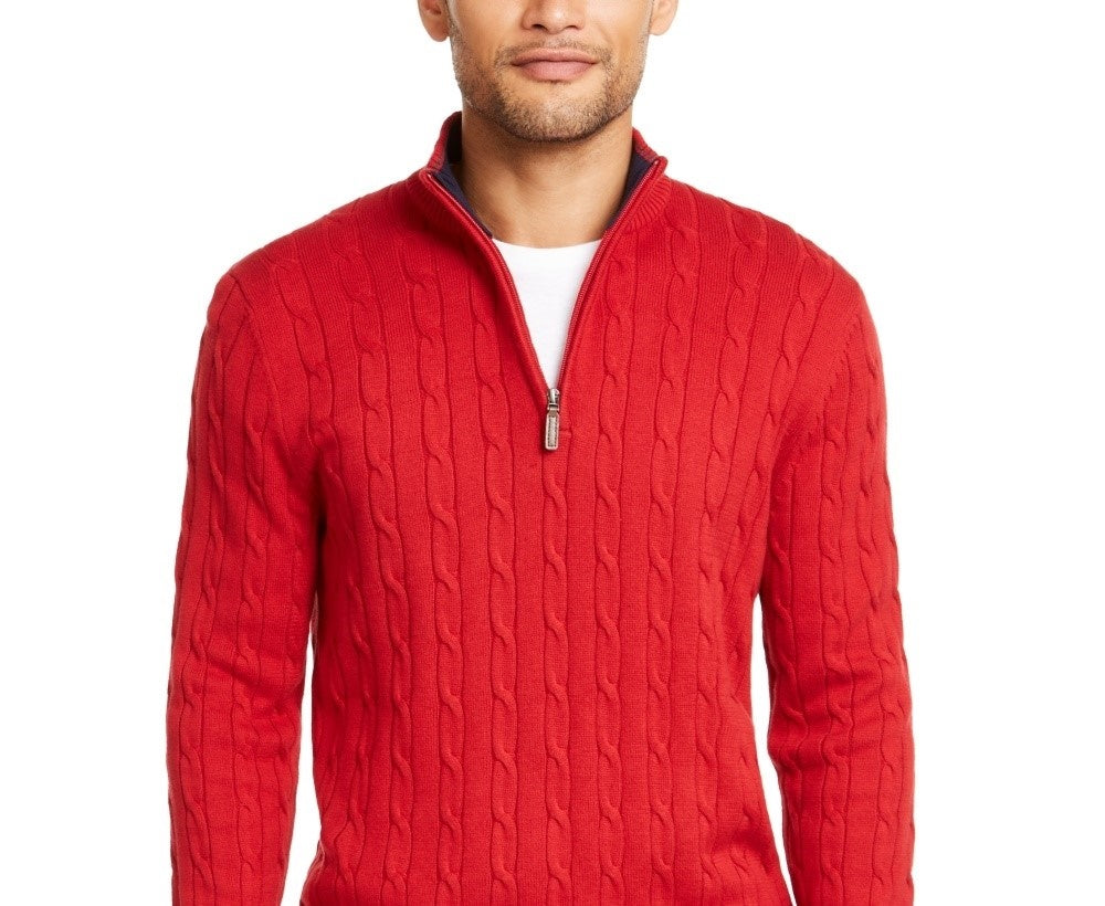 Club Room Men's Pima Cable Quarter-Zip Sweater Red Size Large