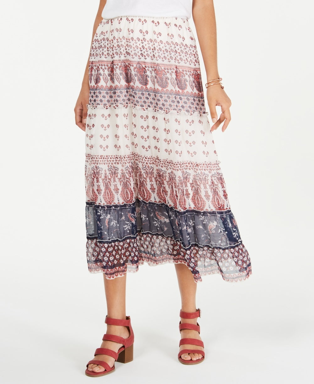 Style & Co Women's Tiered Mixed Print Midi Skirt Red Size Medium