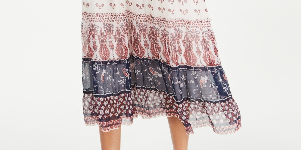 Style & Co Women's Tiered Mixed Print Midi Skirt Red Size Medium