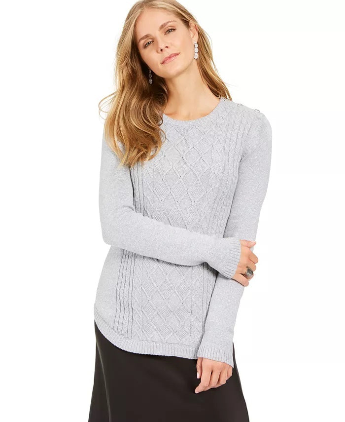 Charter Club Women's Metallic Crewneck Cable-Knit Sweater Gray Size X-Large