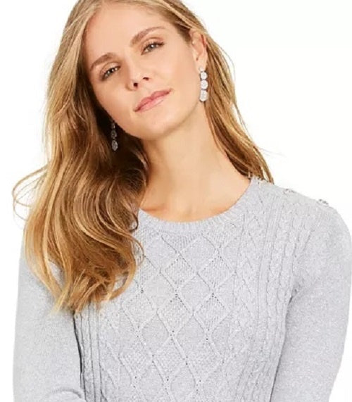 Charter Club Women's Metallic Crewneck Cable-Knit Sweater Gray Size X-Large