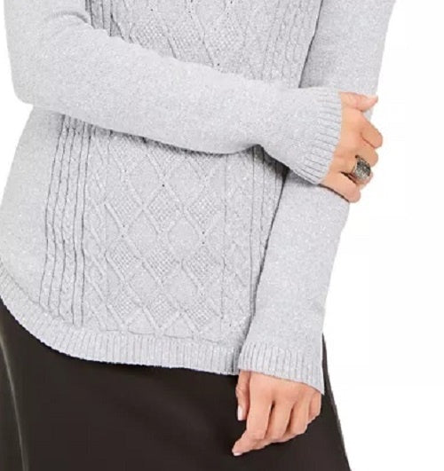 Charter Club Women's Metallic Crewneck Cable-Knit Sweater Gray Size X-Large
