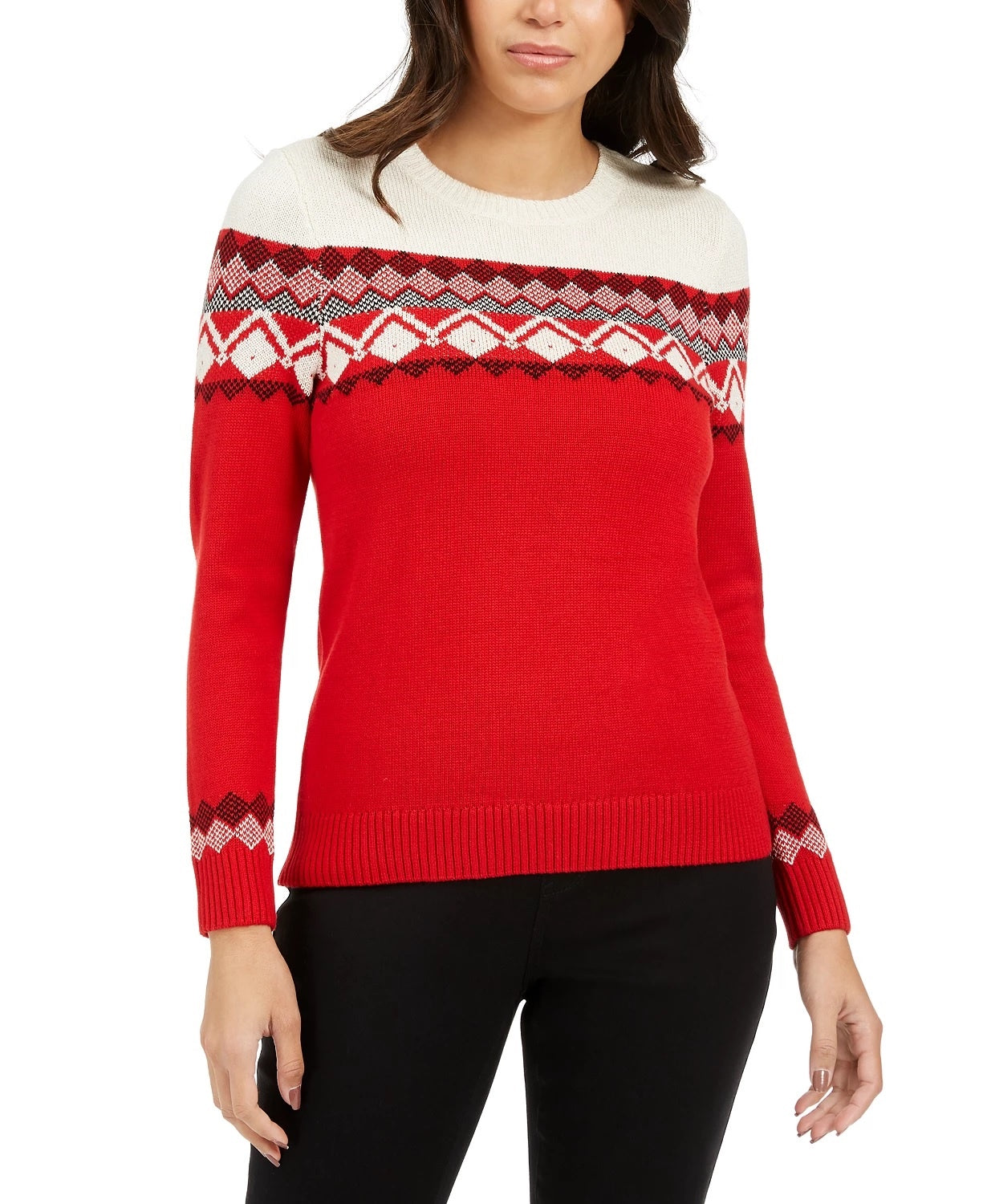Charter Club Women's Colorblocked Fair Isle Sweater Red Size Petite Small
