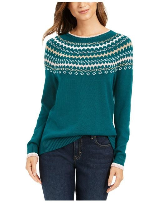 Charter Club Women's Fair Isle Sweater Dark Green Size X-Large