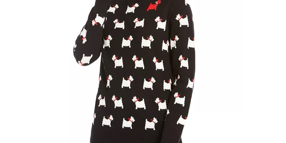 Charter Club Women's Dog Print Crewneck Sweater Black Size X-Small