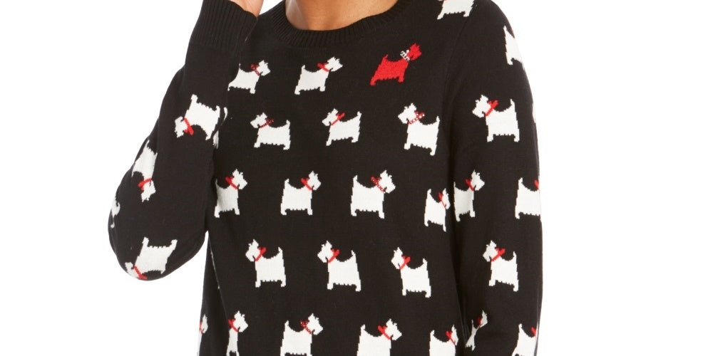 Charter Club Women's Dog Print Crewneck Sweater  Black Size XX-Large