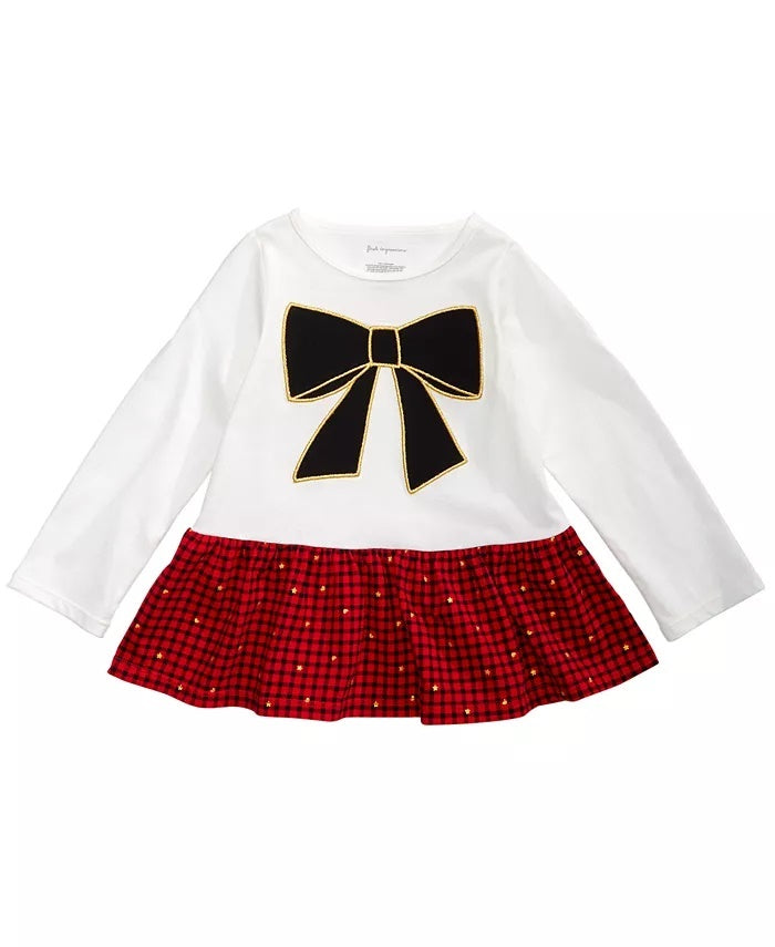 First Impressions Toddler Girl's Cotton Bow Check Peplum Top White Size 2T