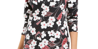 Karen Scott Women's Glitter Vines Henley Top Red Size Large