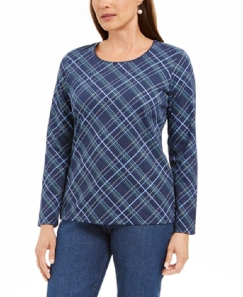 Karen Scott Women's Holly Plaid Embellished Top Navy Size X-Large