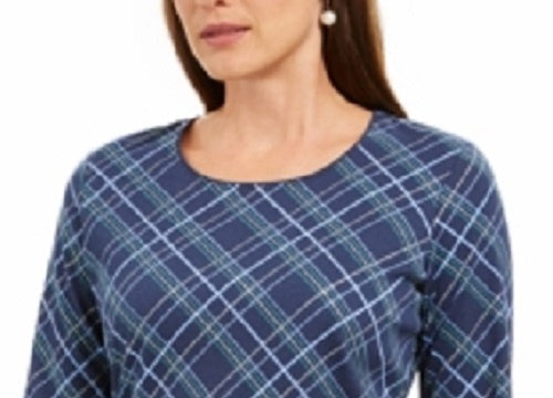 Karen Scott Women's Holly Plaid Embellished Top Navy Size X-Large