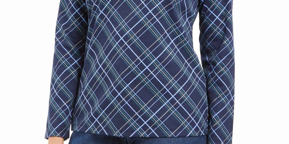 Karen Scott Women's Holly Plaid Embellished Top  Navy Size X-Small