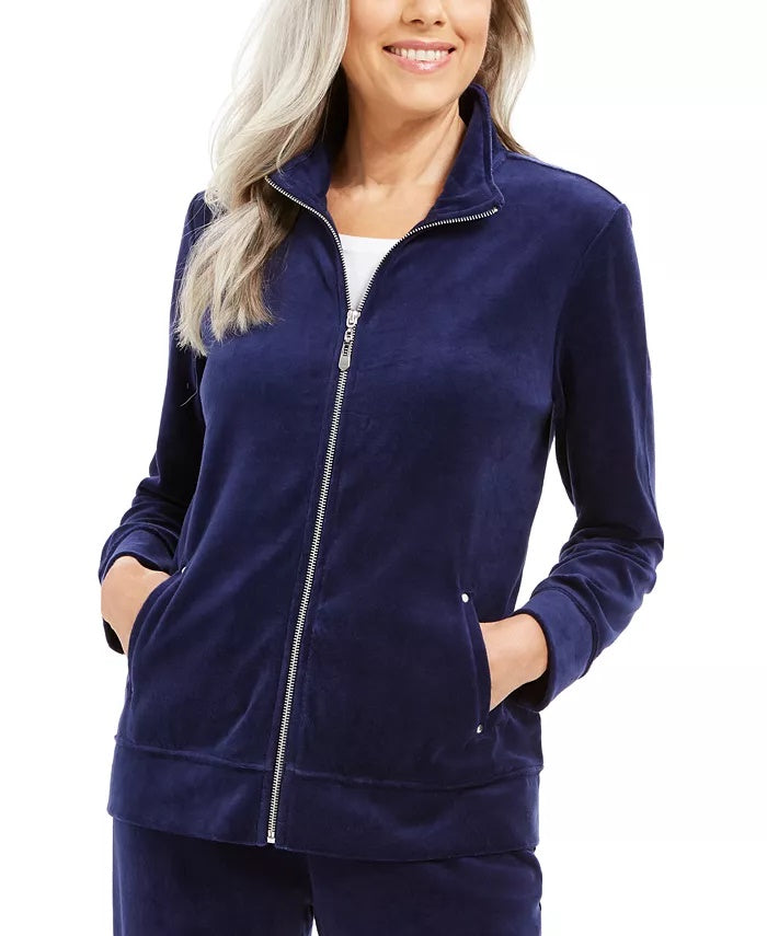 Karen Scott Women's Sport Velour Zip Jacket Black Size Small