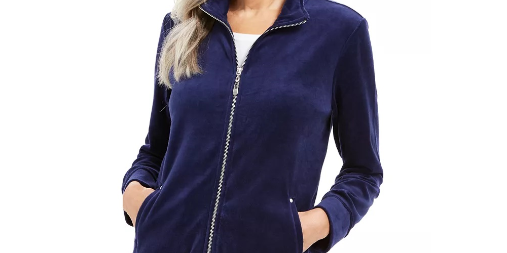 Karen Scott Women's Sport Velour Zip Jacket Black Size Small