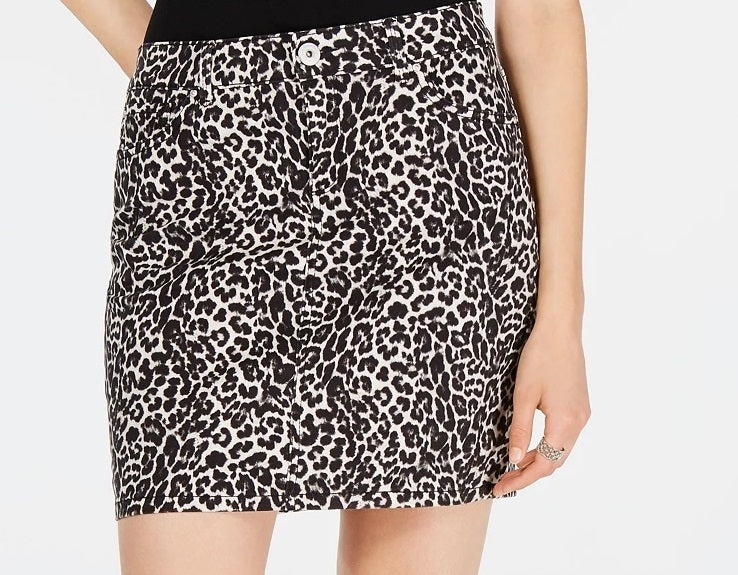 INC International Concepts Women's Leopard Print Denim Mini Skirt Beige Size 14