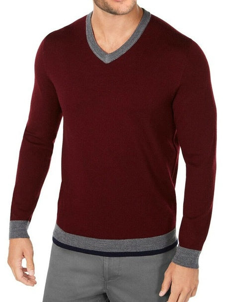 Tasso Elba Men's Merino Wool Blend V Neck Herringbone Sweater Wine Size XXX-Large