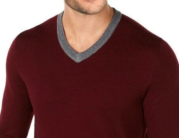 Tasso Elba Men's Merino Wool Blend V Neck Herringbone Sweater Wine Size XXX-Large