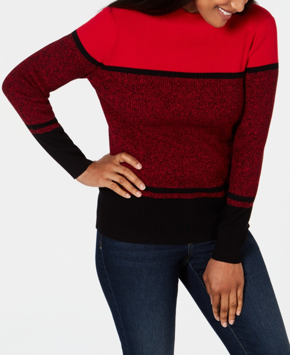 Karen Scott Women's Ribbed Mock-Neck Cotton Sweater Bright Red Size Medium