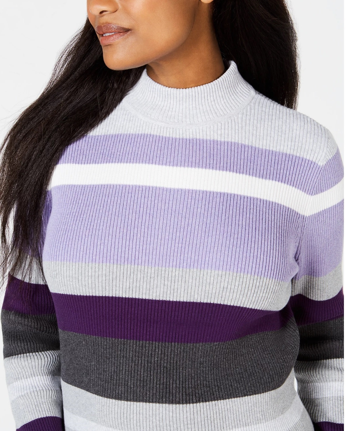 Karen Scott Women's Striped Mock Neck Cotton Sweater Purple Size Medium