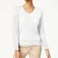 Karen Scott Women's Solid Cable-Knit V-Neck Sweater  White Size Large