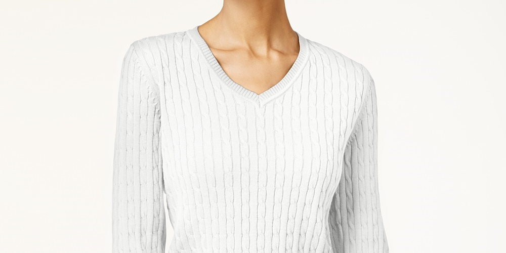 Karen Scott Women's Solid Cable-Knit V-Neck Sweater  White Size Large