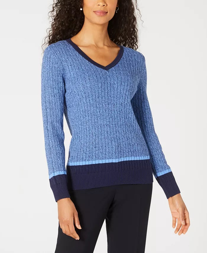 Karen Scott Women's Teresa Cotton Colorblocked Sweater Bright Blue Size Extra Large