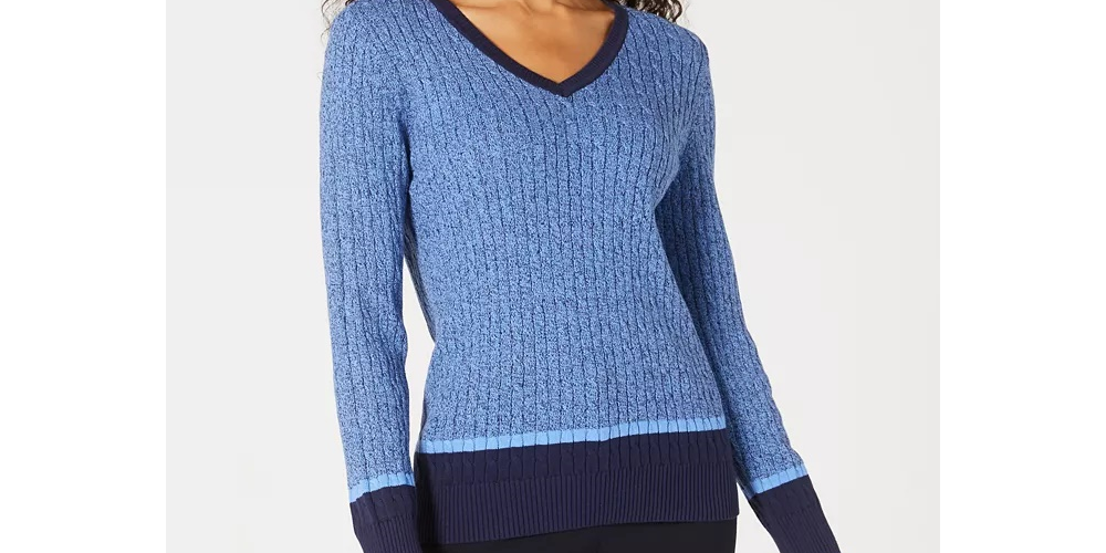 Karen Scott Women's Teresa Cotton Colorblocked Sweater Bright Blue Size Extra Large