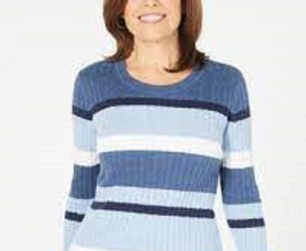 Karen Scott Women's Cotton Striped Sweater Bright Blue Size Large