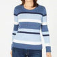 Karen Scott Women's Petite Cotton Striped Cable-Knit Sweater Bright Blue Size Medium