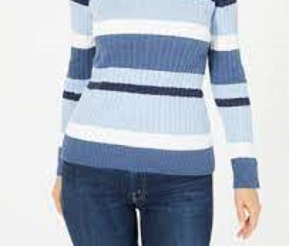 Karen Scott Women's Petite Cotton Striped Cable-Knit Sweater Bright Blue Size Medium