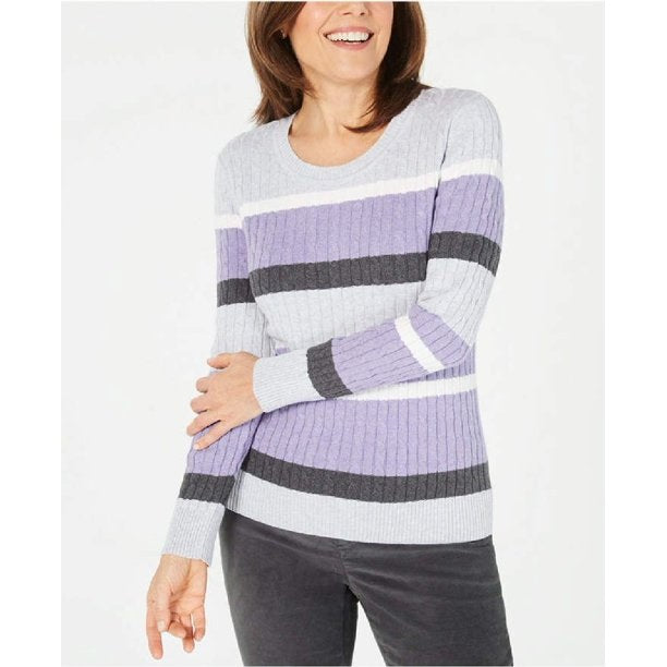 Karen Scott Women's Petite Cotton Striped Cable-Knit Sweater Purple Size Medium Regular