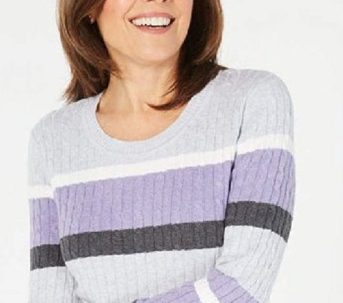 Karen Scott Women's Petite Cotton Striped Cable-Knit Sweater Purple Size Medium Regular