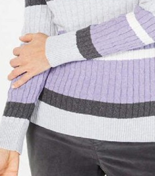 Karen Scott Women's Petite Cotton Striped Cable-Knit Sweater Purple Size Medium Regular