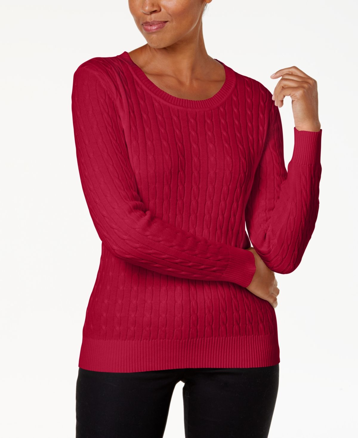 Karen Scott Women's Petite Cotton Cable-Knit Sweater Bright Red Size Medium