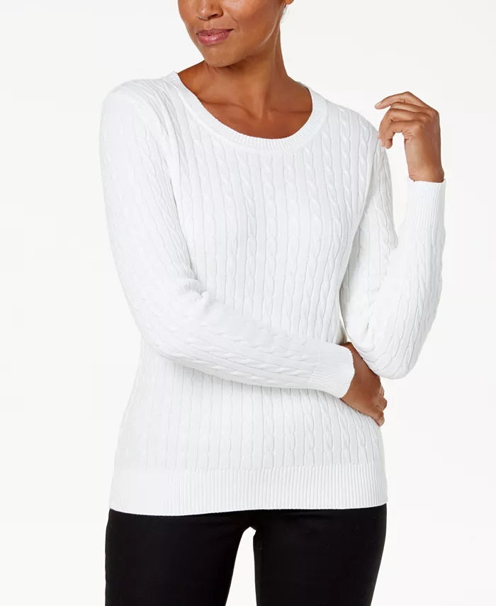 Karen Scott Women's Cotton Cable-Knit Sweater White Size Petite Small
